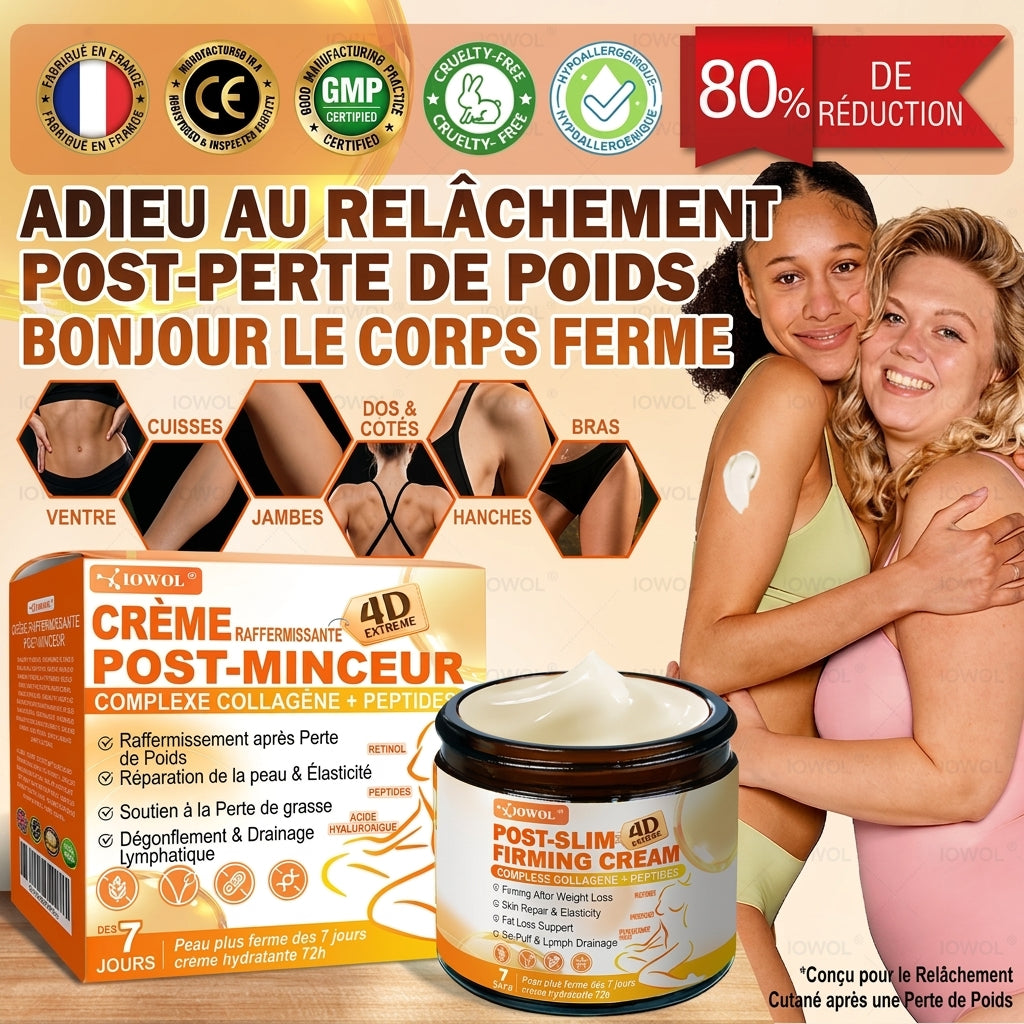 Boutique Officielle | 𝐈𝐎𝐖𝐎𝐋® Crème Raffermissante Post-Amincissement avec GHK-Cu, Argireline & Matrixyl 3000, peptides de collagène et actifs raffermissants pour cibler la peau relâchée et affaissée après une perte de poids.